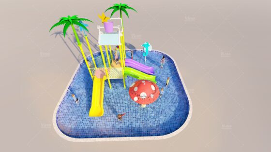 Mini Estrutura de Brincadeiras Aquáticas em Fibra de Vidro com 3 Escorregadores e Balde Basculante para Parques Aquáticos Infantis