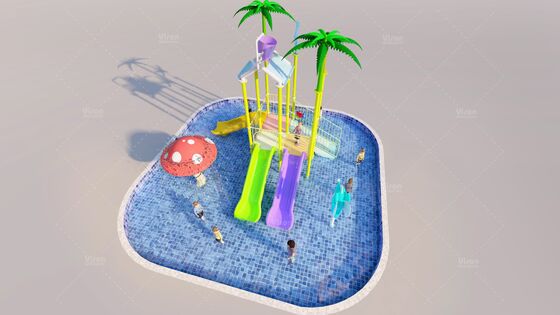 Mini Estrutura de Brincadeiras Aquáticas em Fibra de Vidro com 3 Escorregadores e Balde Basculante para Parques Aquáticos Infantis