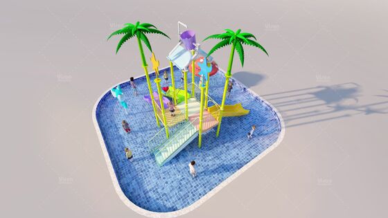 Mini Estrutura de Brincadeiras Aquáticas em Fibra de Vidro com 3 Escorregadores e Balde Basculante para Parques Aquáticos Infantis
