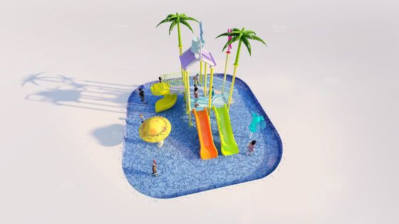 Fibra de vidro Mini estrutura de brinquedo aquático com 3 escorregas e balde de inclinação para crianças parque aquático - design livre de manutenção