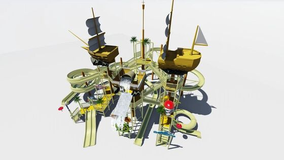 Estrutura de brinquedo aquático do navio pirata com balde de inclinação gigante e construção de fibra de vidro para crianças Equipamento de parque aquático