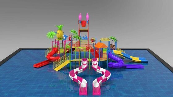Estrutura de brinquedo aquático de tema tropical com balde de inclinação gigante e vários escorregadores para o Splash Park