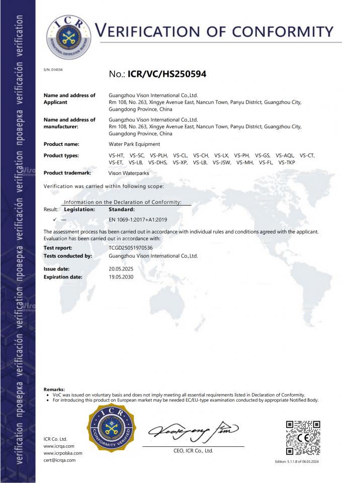 GUANGZHOU VISON INTERNATIONAL WATER PARK EQUIPMENT CO.,LTD Controle de Qualidade